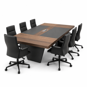 Boardroom Table Designed with a contemporary woodgrain finish and a bold geometric base