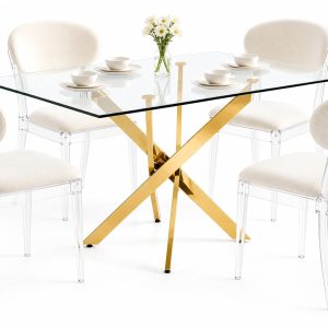 A modern rectangular dining table featuring a clear, transparent acrylic tabletop with polished edges, supported by a distinctive gold-finished metal base.