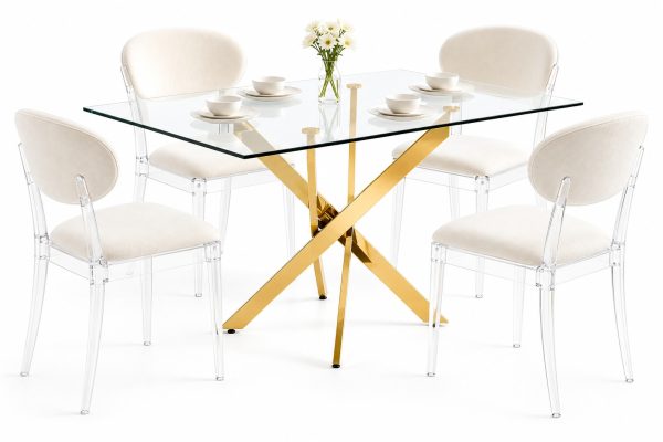 A modern rectangular dining table featuring a clear, transparent acrylic tabletop with polished edges, supported by a distinctive gold-finished metal base.