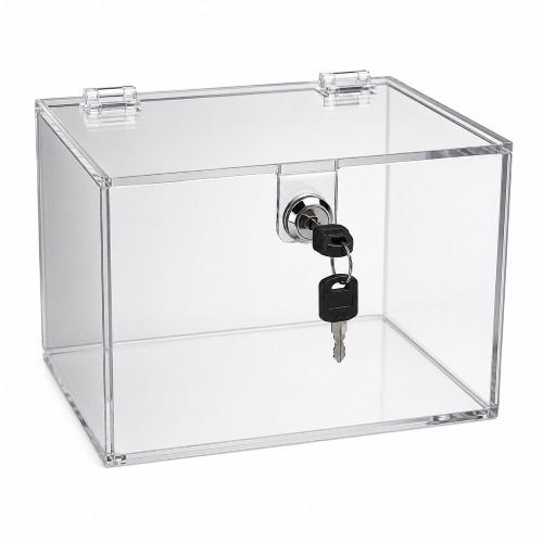 Clear Acrylic Lockable Box. A secure, crystal-clear acrylic collection box with a lockable lid, perfect for donations, suggestions, competitions, raffles, and fundraising events.
